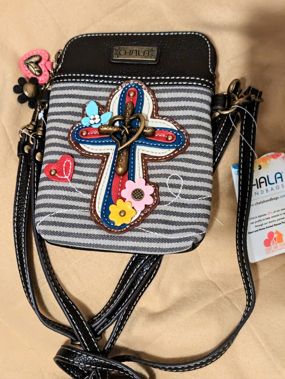 NWT Beautiful Chala Black Striped Crossbody with Multicolor Cross Appliqué